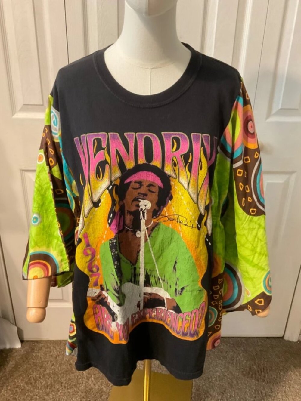 Jimi Hendrix Upcycled Graphic TShirt with Cotton Flowy Boho Printed Sleeves OSFM